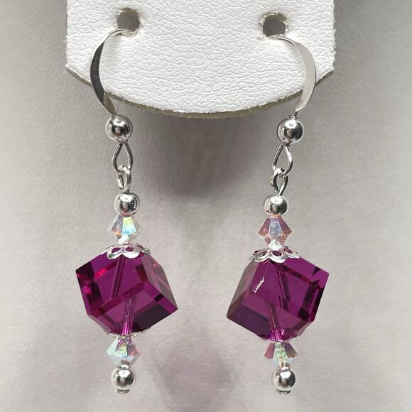 Sterling Silver Made With Swarovski Crystals Magenta AB White Beaded Earrings - Picture 1 of 5